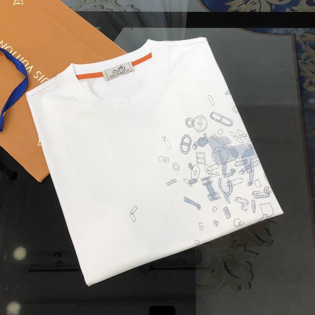 H*Rmes Herm S 2025 Spring/Summer New Arrival Men's Round Neck Short-Sleeve T-Shi