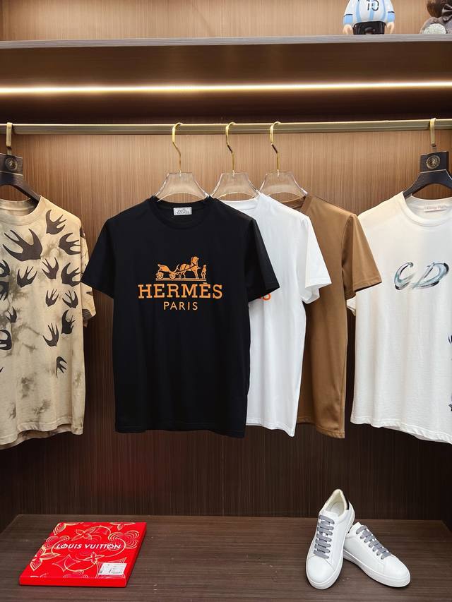 Herm S 2025 Ss Spring/Summer Newest Round Neck Fashion Short Sleeve T-Shirt,,!,,
