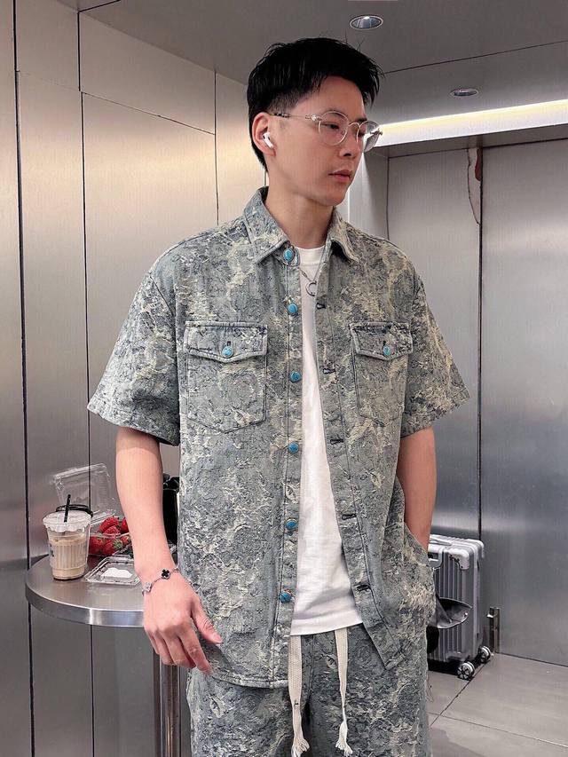 Shorts And Shirt: Donkey House Sottfrunk Series Jacquard Denim Short-Sleeve Set,