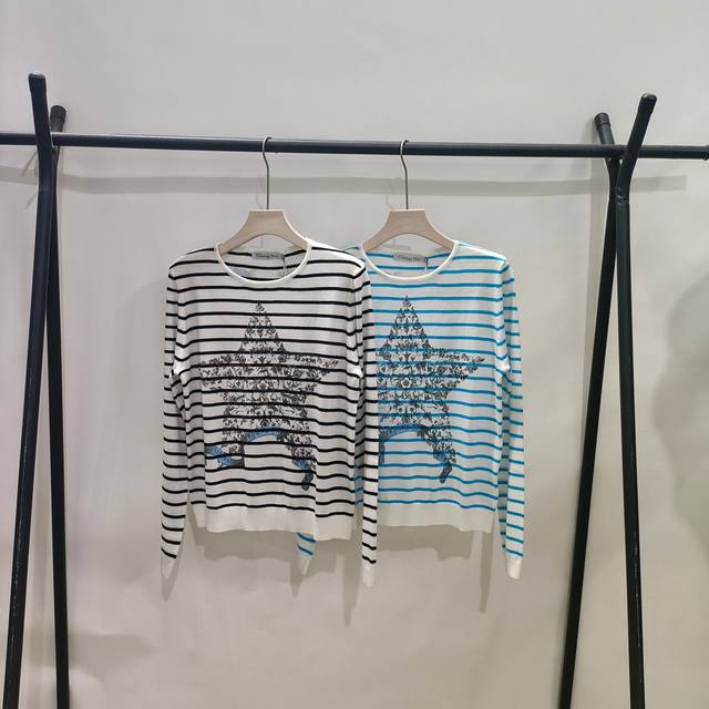 Dior's New Arrival! Five-Pointed Star Print Paired With Stripe Design, Long-Slee