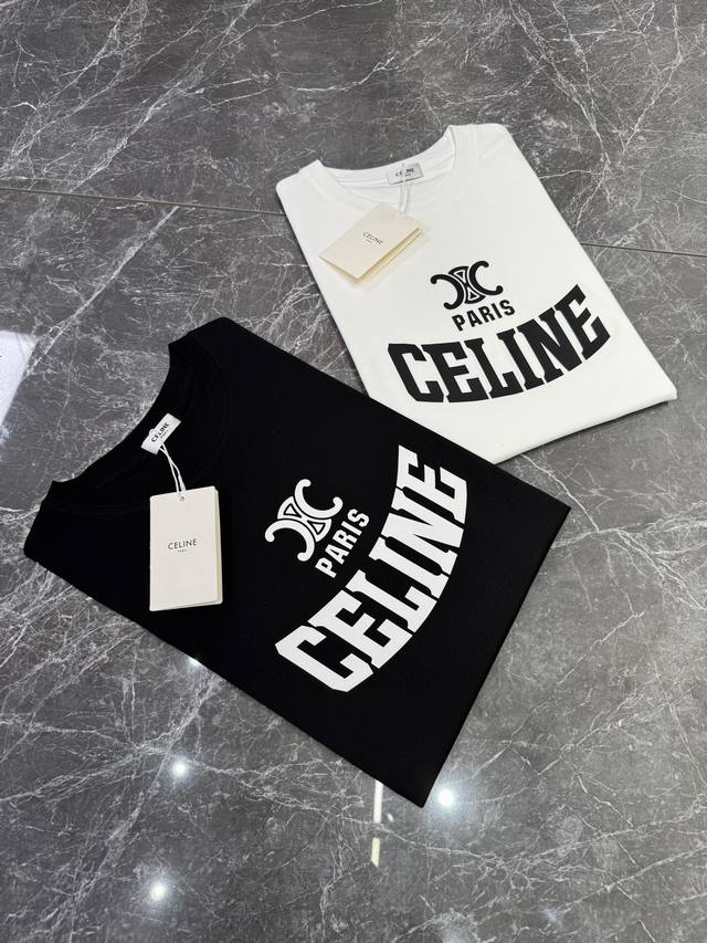Celine 25Ss Summer Silk-Smooth Cotton T-Shirt! Brand Lettering Design! Made From