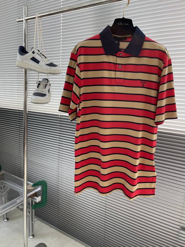 Prad 25 New Red Color-Block Striped Polo Shirt. This Polo Shirt Features A Class