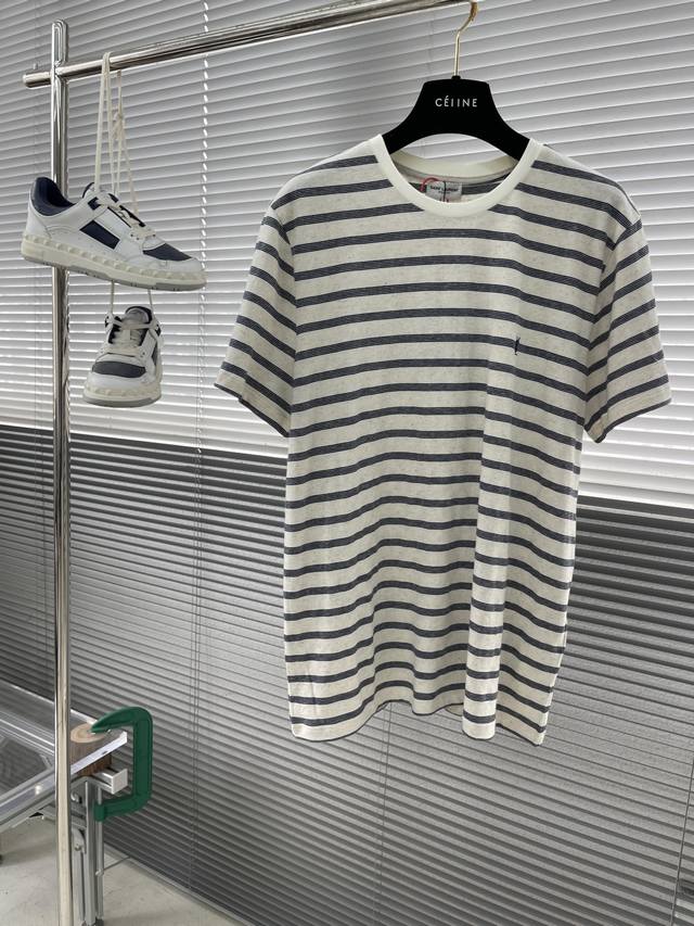 Saint Laurent Slp Logo Striped Short-Sleeve Shirt Custom-Made Elegant Color-Wove
