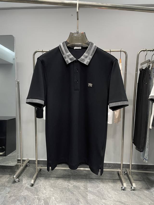 Bur25Ss Spring/Summer New Classic Color-Block Checkered Collar Logo Patch Short-