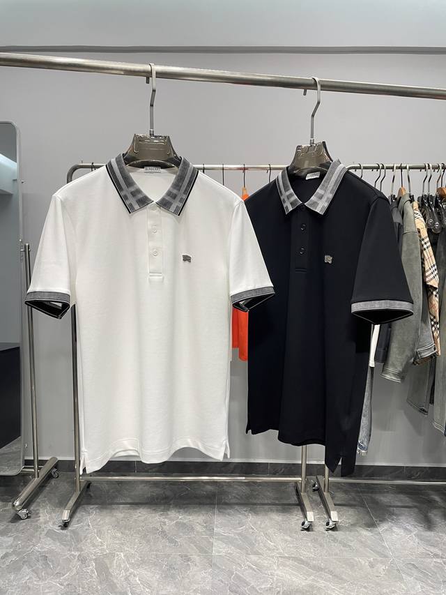 Bur25Ss Spring/Summer New Classic Color-Block Check Collar Logo Patch Short-Slee