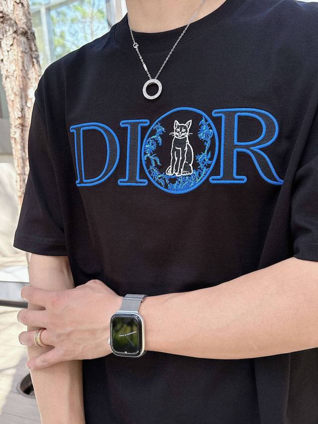 Premium Dior 25Ss Dior Family Cat Embroidered Short-Sleeve Shirt Black Heavyweig