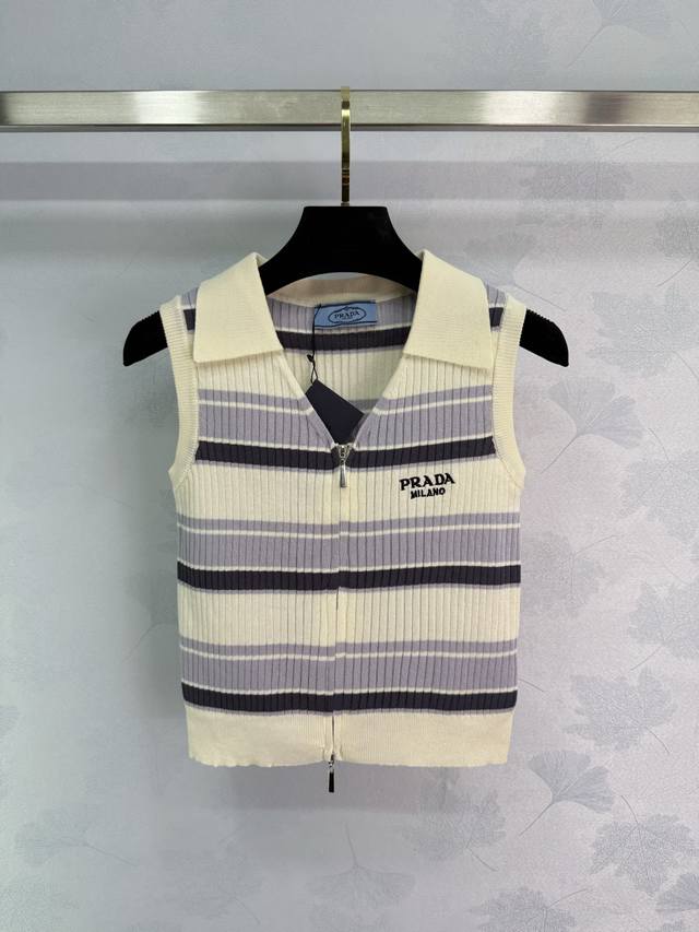 Prad*Striped Knit Tank Top, Classic Stripes Paired With A Polo Collar Design, Fa