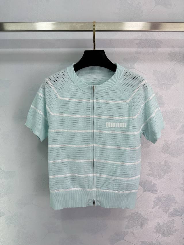 Miu* Short-Sleeve Knit Cardigan, Fresh Green Stripe Design, Fashionable And Vers