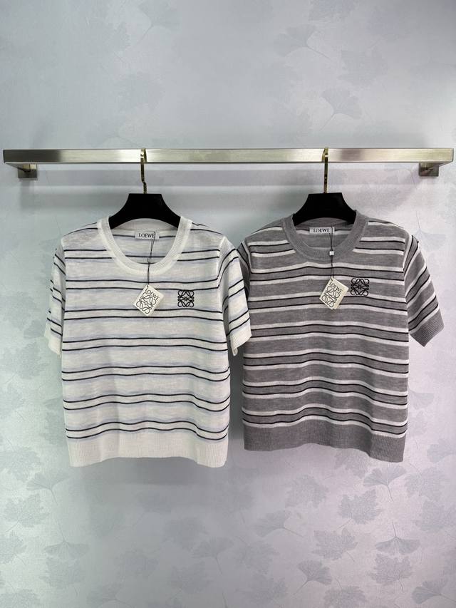 Loew*Early Spring New Arrival Round Neck Striped Knit Short-Sleeve Shirt, Comfor