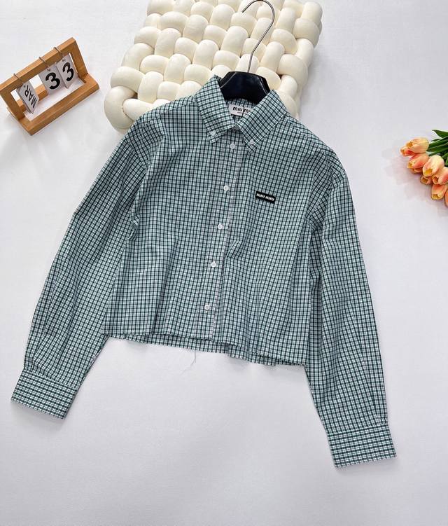 Miumiu 2025Ss New Checkered Embroidered Shirt, Custom Yb Imported Cotton Poplin