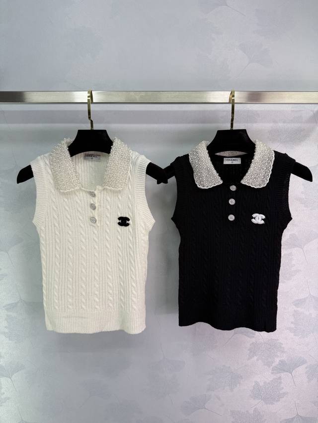 Chane*New-Style Collared Knit Vest, Classic Double C Logo Design, Pearl Decorati