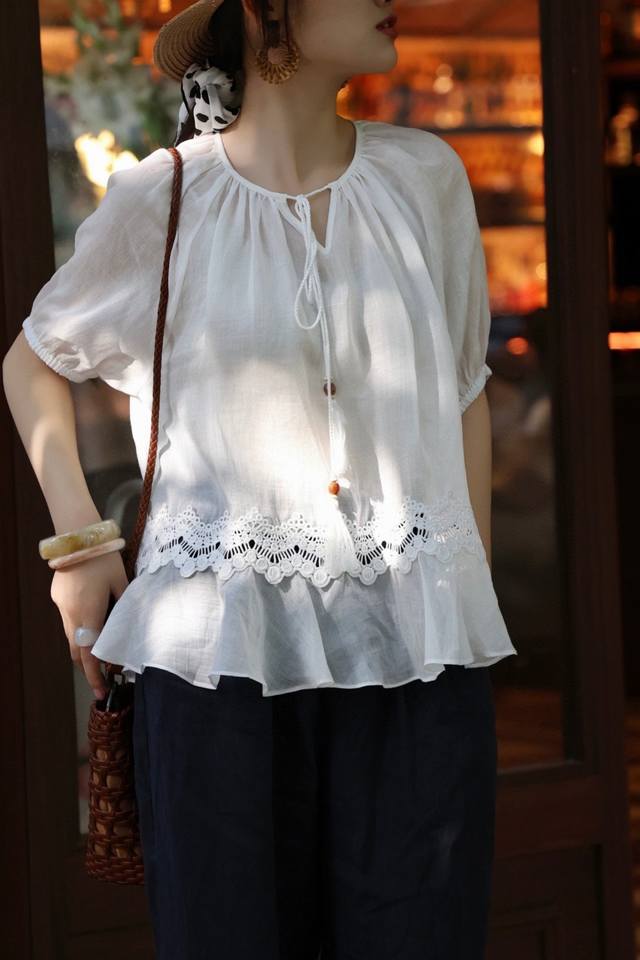 Blouse Best-Selling Item! V-Neck Lace-Tie Ruffled Hemp Blouse, Fashionable And Y