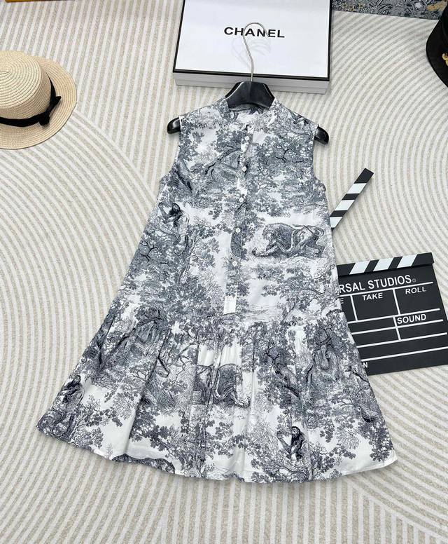 Dior 24Ss Jungle Animal Sleeveless Dress Custom-Imported Twill Cotton-Linen Blen