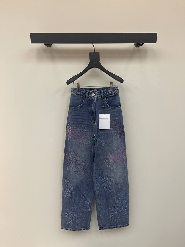 Chane*25 New Feather Rhinestone Faded Wide-Leg Denim Pants Custom Yb Twill Cotto
