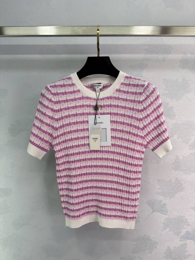 Chanes*2025 Spring/Summer Striped Knit Short-Sleeve Top, Pink Color-Block Design