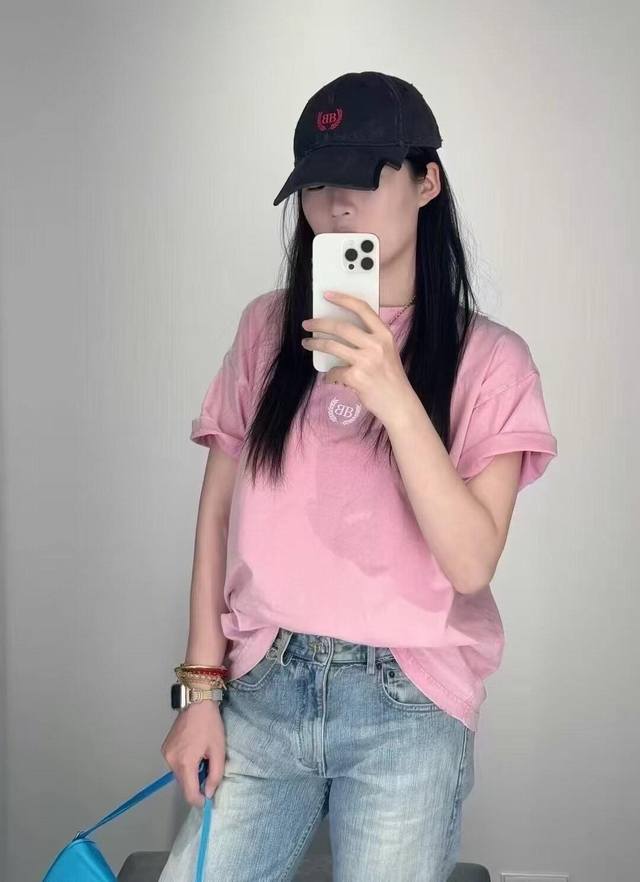 Balenciaga* 25Ss Spring/Summer New Arrival Letter Embroidered Pink Round Neck Sh