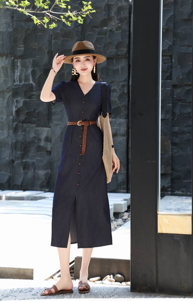 Dress Summer New Arrival, Tencel Denim Button-Up Dress With Woven Belt, Navy Blu