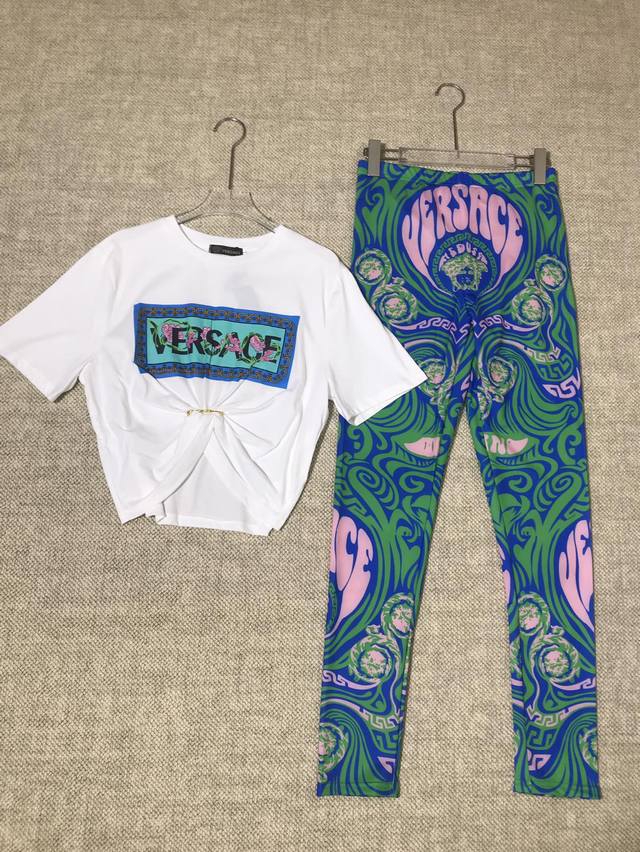 Versace New Arrival Blue-Green Letter Print Pin-Pleated Knot-Tie Short-Sleeve T-