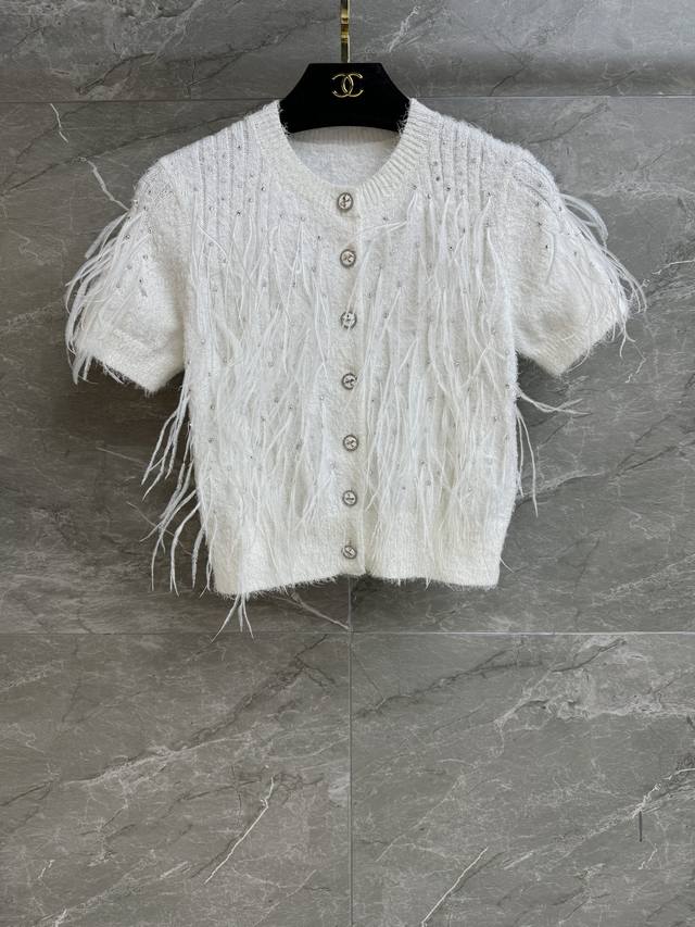 Spring/Summer New Arrivals! Xiangjia Crystal Feather Short-Sleeve Top 2025 Sprin