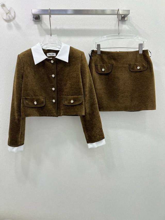Miumi* 25 New Arrival Velvet Jacquard Set! Collared Single-Button Jacket Paired