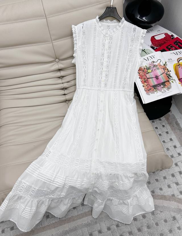 60 New Summer Style Sleeveless Stand-Up Collar Lace-Trimmed Waist Dress. The Sle