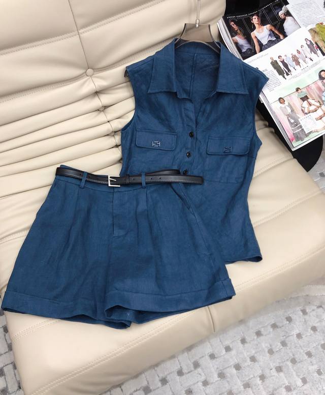 60 New Arrival Natural Linen Fashionable Two-Piece Set For Women: Sleeveless Tan