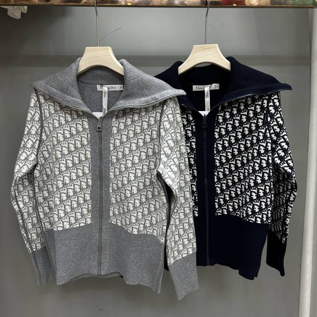 New Arrival! Dior Dior Letter-Embellished Navy Collar Zipper Cardigan, Reversibl