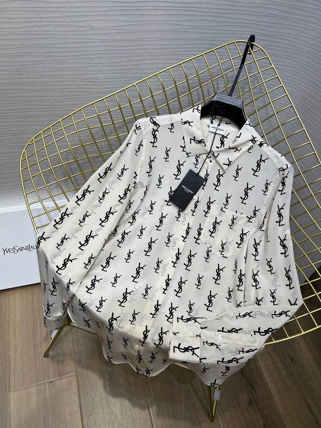 Saint Lauren New Arrival Ysl Letter Embroidered Silk Long-Sleeve Shirt Versatile