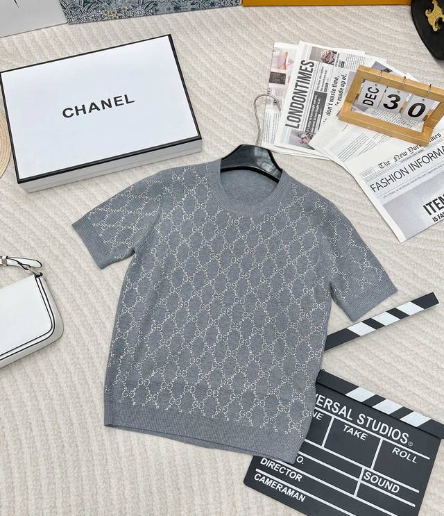 Gucci New Arrival Crystal-Embellished Wool Round-Neck Sweater, Gray Ultra-Fine W