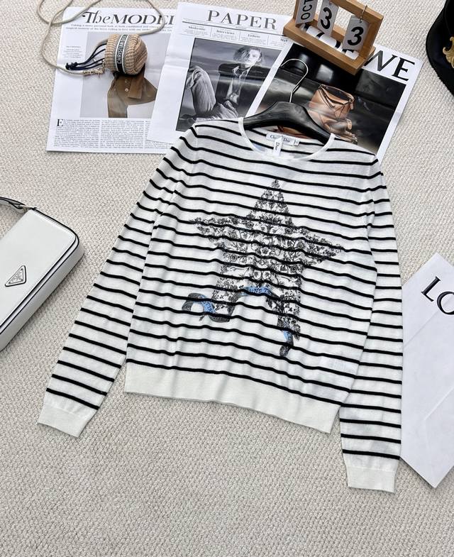 Dior Floral Five-Pointed Star Stripe Wool Knit Sweater: Featuring The Classic Fi