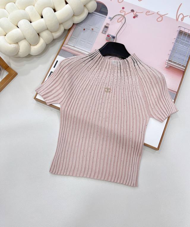 Chanel's New Letter Logo Rhinestone-Embellished Knit Short-Sleeve Top Features A