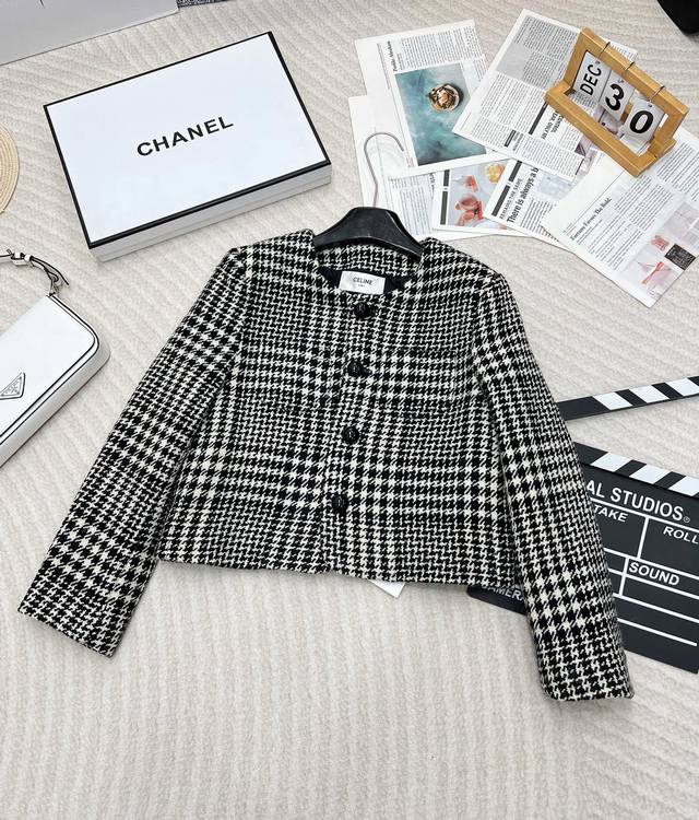 Ss Celine Early Autumn New Arrival Houndstooth Vintage Wool Coat, Classic H-Shap