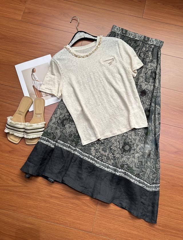 Spring/Summer Update - Beaded Collar T-Shirt 100% Linen The Shell Bead Decoratio