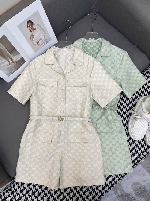 Gucc* 25Ss New Collar Jumpsuit Double G Jacquard Fabric, Comes With A Belt, High