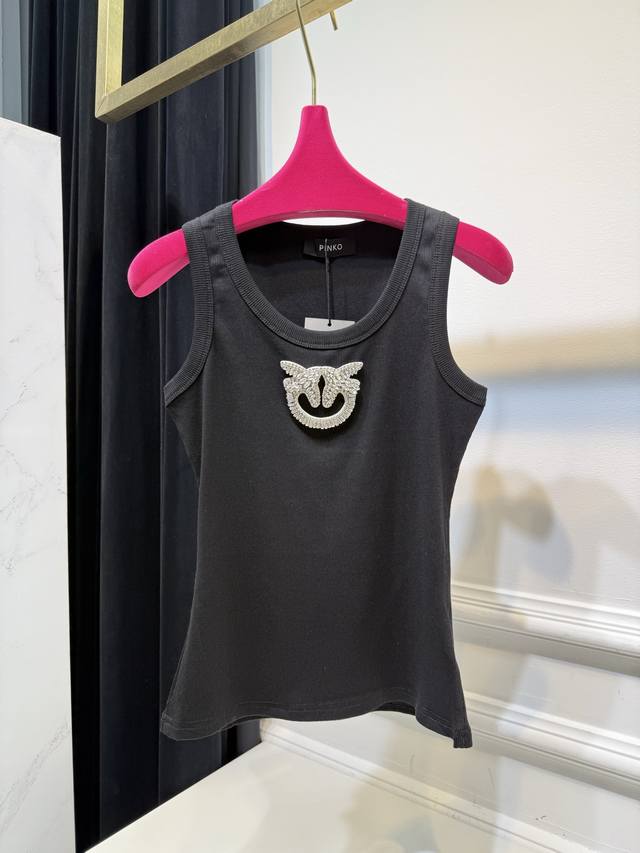 Pinko Classic Tank Top 2022 New Arrival With Sparkling Diamond Swallow Logo, Ult