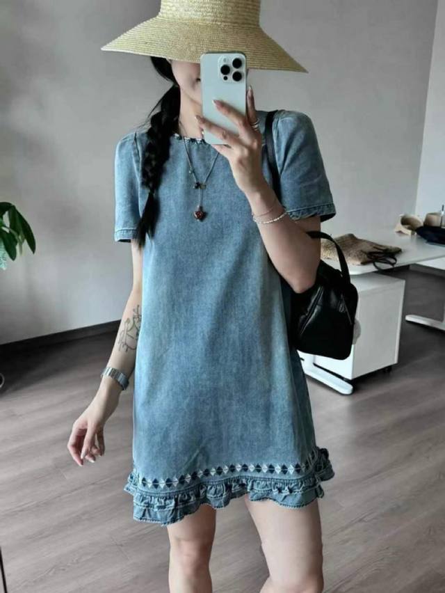 Luxurious And Elegant Retro-Inspired Embroidered Dress. Classic Denim Blue Exude