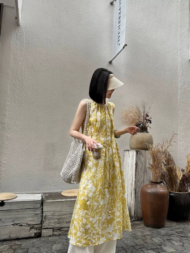 100% Ramie Print Dress! Sleeveless, Tied Waist Design + Loose Skirt. Summer Cool