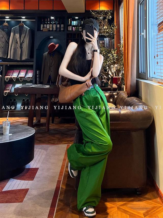 High-End Bulk Order, Trendy Emerald Green Punk-Style High-Waisted Wide-Leg Pants