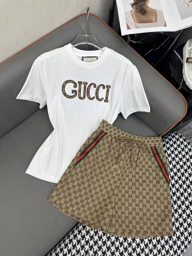 Gucc* 25Ss New Patchwork Embroidered T-Shirt And Shorts Set Classic Vintage-Prin