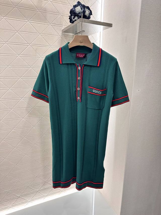 Gucc*2025 New Arrival Color-Block Knit Short-Sleeve Dress Custom-Made Yb Silk-Wo