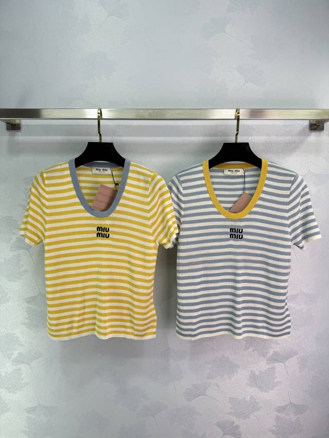 Miumi* Striped Short-Sleeve Knit Sweater. White Stripe Option Exudes Vitality; B