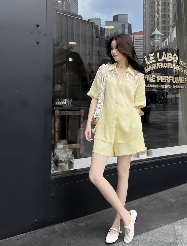 Summer New Arrival, Linen Embroidered Lace-Up Shirt And Shorts Set, Elegant And