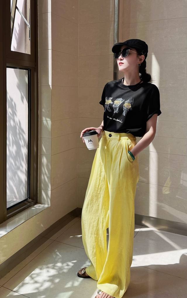 Heavy-Duty Beaded T-Shirt Top + Pure Linen Straight-Leg Wide-Leg Pants Set, Popu
