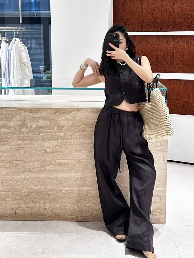 High-Quality 100% Pure Linen Vest With Elastic Waistband And Long Pants Two-Piec