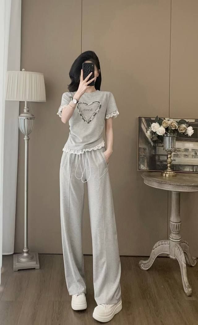 Summer Heavy-Duty Beaded Lace T-Shirt And Pants Set! Fabric: Cotton, Polyester,