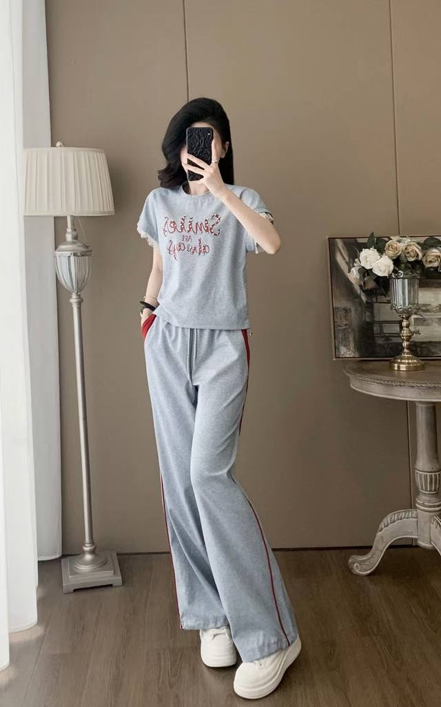 Summer Heavy-Duty Beaded T-Shirt And Pants Set! Fabric: Cotton, Polyester, Spand