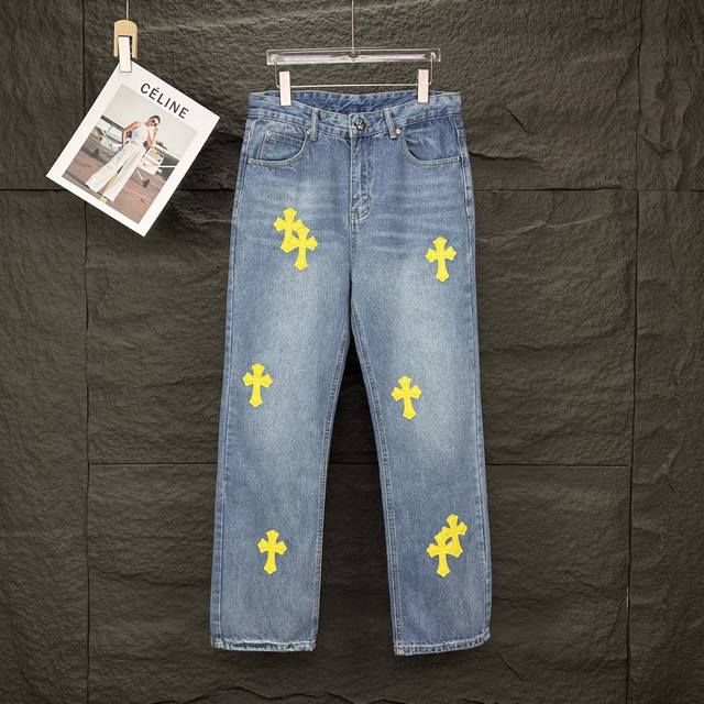 Krosin 2025 New Yellow Cross Patch Couple's Washed Denim Pants High-Version High
