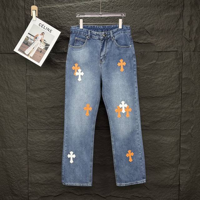 Croxin 2025 New Orange Sanskrit Cross Patch Couple's Washed Denim Pants High Ver