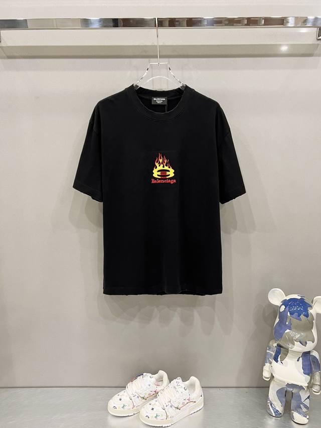 Balenciaga 320G Round Neck Short-Sleeve T-Shirt Flame Double Ring Letter Logo Co