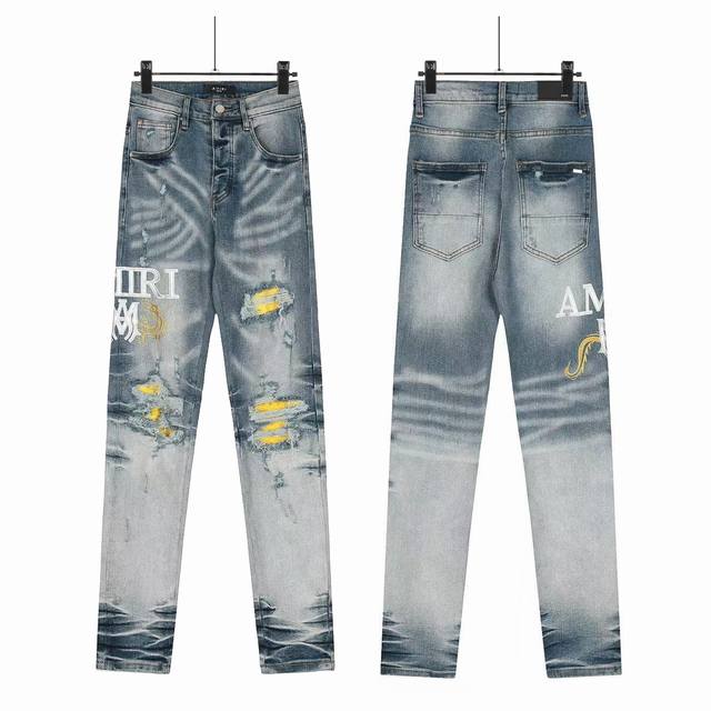 8169 Amiri Classic Embroidered Patch-Up Hole Letter Skinny Jeans Slim-Fit High-S